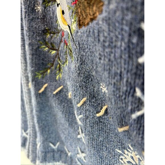 Blue Knit Holiday Cardigan PL Embroidered Winter Birds Cardinals Pinecones Zip - Picture 13 of 13